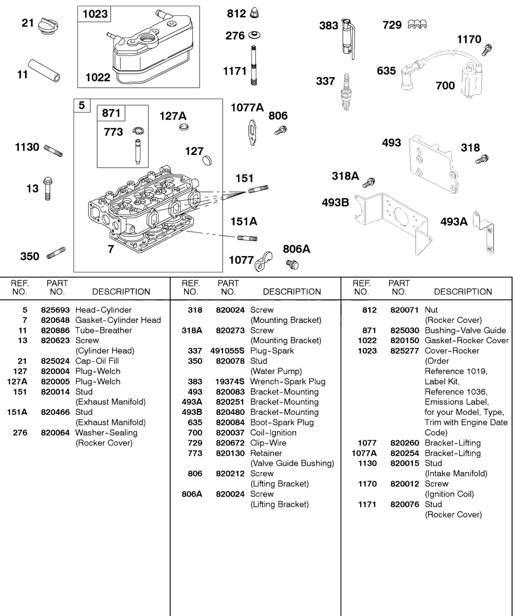 Rocker Cover, Cylinder Head, Ignition Diagram and Parts List for 589447-0334-XX  Briggs and Stratton Engine